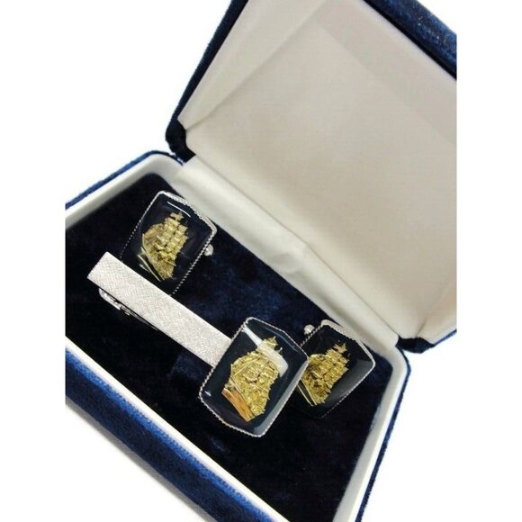 Gold Tone Ships Cufflinks & Neck Tie Clip Set Silver Tone Formal IOB Vintage - Picture 1 of 9